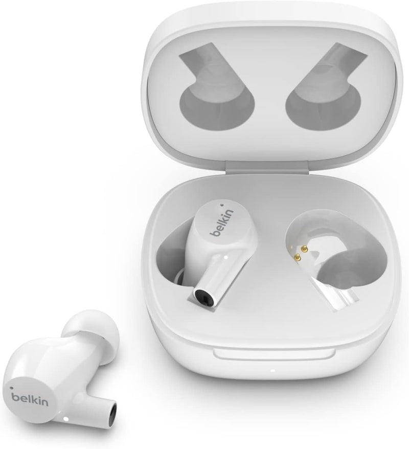 Belkin Wireless Earbuds, SoundForm Rise True Wireless Bluetooth 5.2 Earphones with Wireless Charging IPX5 Sweat and Water Resistant with Deep Bass for iPhone, Galaxy, Pixel and More - White