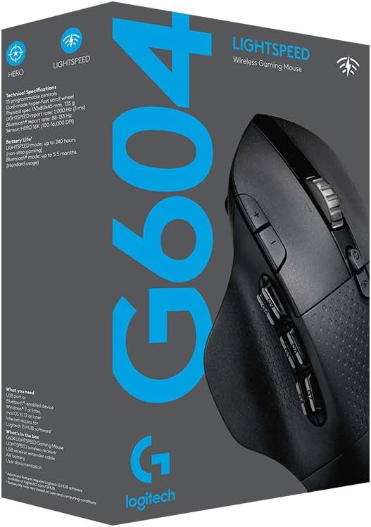 Logitech G604 LIGHTSPEED Wireless Gaming Mouse with 15 programmable controls, 240 hour battery life, dual wireless connectivity modes, hyper-fast scroll wheel, and high-performance HERO 25K sensor - OPEN BOX