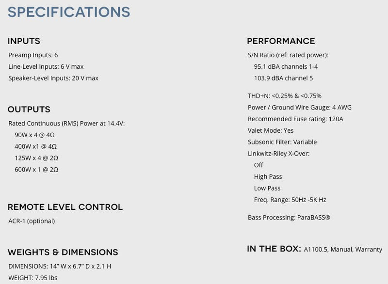 AudioControl A1100.5 Altitude Series 5-channel car amplifier — 90 watts RMS x 4 at 4 ohms + 600 watts RMS x 1 at 2 ohms