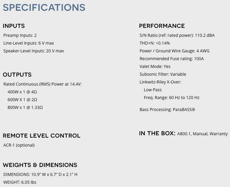 AudioControl A800.1 Altitude Series mono subwoofer amplifier — 800 watts RMS x 1 at 1.33 ohms