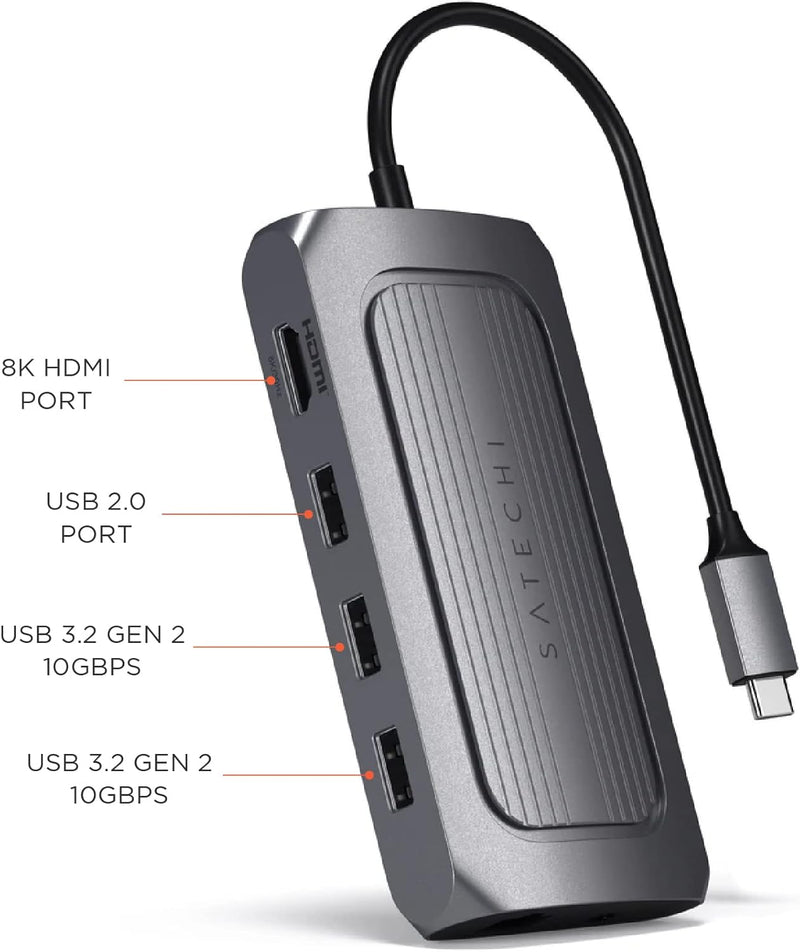 Satechi USB4 Multiport Adapter - USB-C PD charging, Gigabit Ethernet, USB-C Data, up to 8K HDMI – for M2/ M1 MacBook Pro/Air, M2/ M1 iPad Pro/Air, M2 Mac Mini, iMac M1