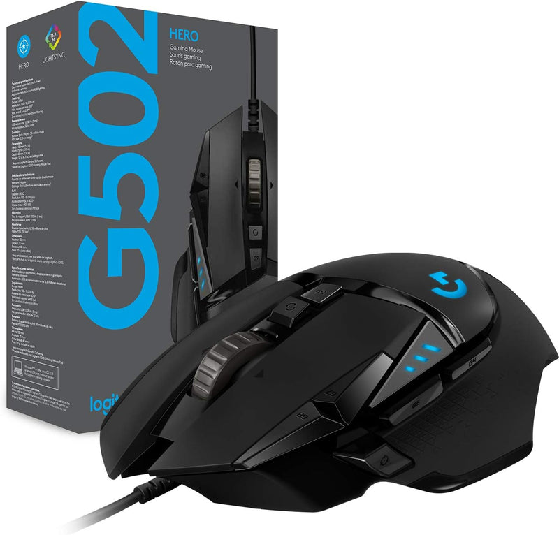 Logitech G502 HERO High Performance Wired Gaming Mouse, HERO 25K Sensor, 25,600 DPI, RGB, Adjustable Weights, 11 Programmable Buttons, On-Board Memory, PC / Mac, Black  OPEN BOX