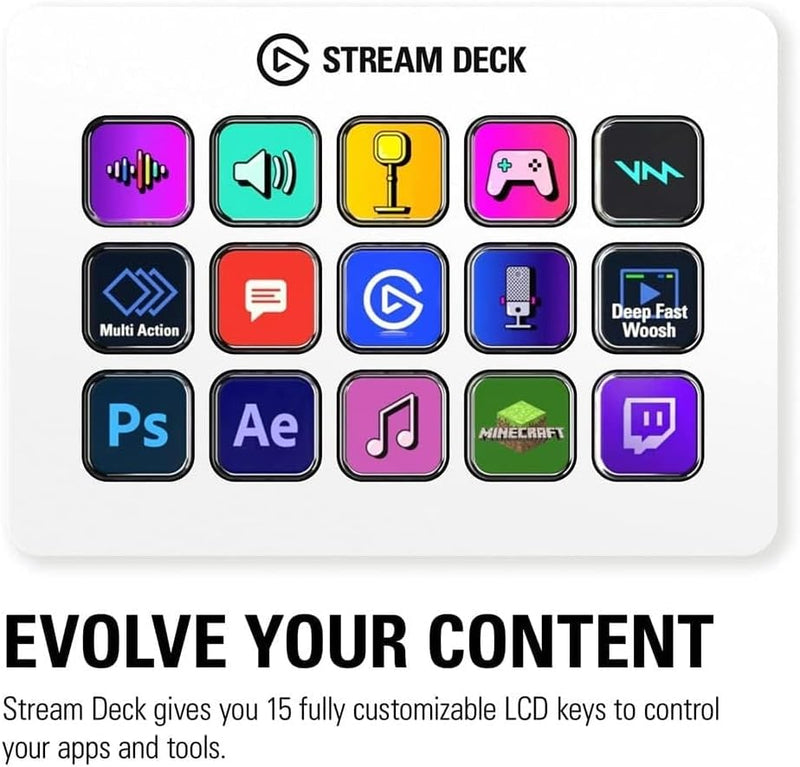 Elgato Stream Deck MK.2 White – Studio Controller, 15 Macro Keys, Trigger Actions in apps and Software Like OBS, Twitch, YouTube and More, Works with Mac and PC, 15 Keys (MK.2) White