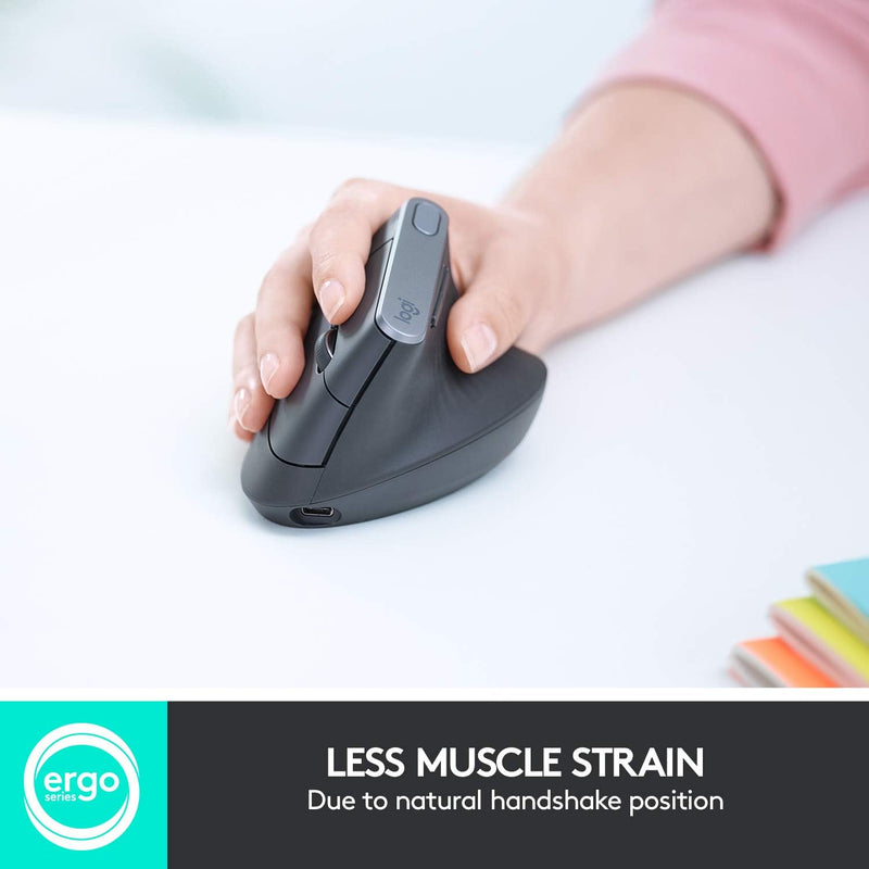 Logitech MX Vertical Wireless Mouse – Advanced Ergonomic Design Reduces Muscle Strain, Control and Move Content Between 3 Windows and Apple Computers (Bluetooth or USB), Rechargeable, Graphite - OPEN BOX