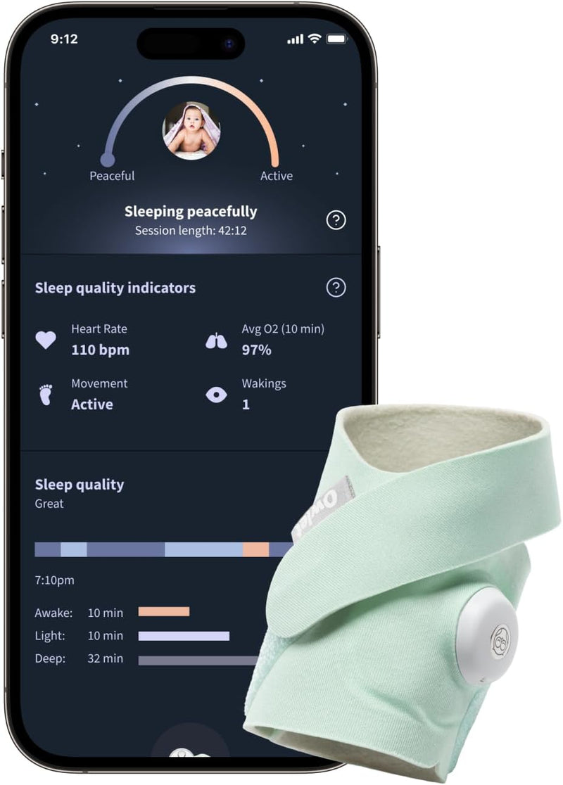Owlet Dream Sock - Mint - Smart Baby Monitor View Heart Rate and Average Oxygen O2 as Sleep Quality Indicators. Wakings, Movement, and Sleep State. Digital Sleep Coach and Sleep Assist Prompts
