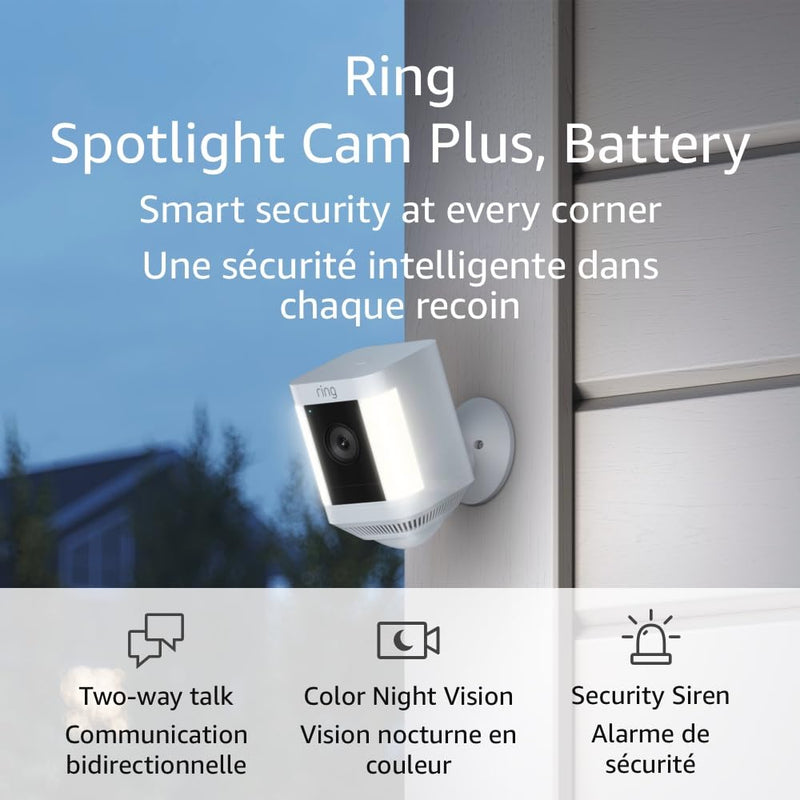 Caméra Ring Spotlight Plus, batterie | Communication bidirectionnelle, vision nocturne couleur et sirène de sécurité (version 2022) - Blanc 