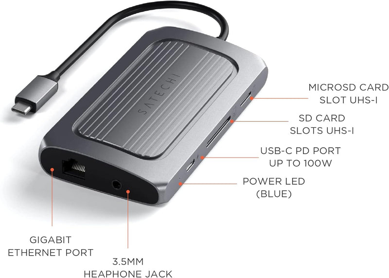 Satechi USB4 Multiport Adapter - USB-C PD charging, Gigabit Ethernet, USB-C Data, up to 8K HDMI – for M2/ M1 MacBook Pro/Air, M2/ M1 iPad Pro/Air, M2 Mac Mini, iMac M1