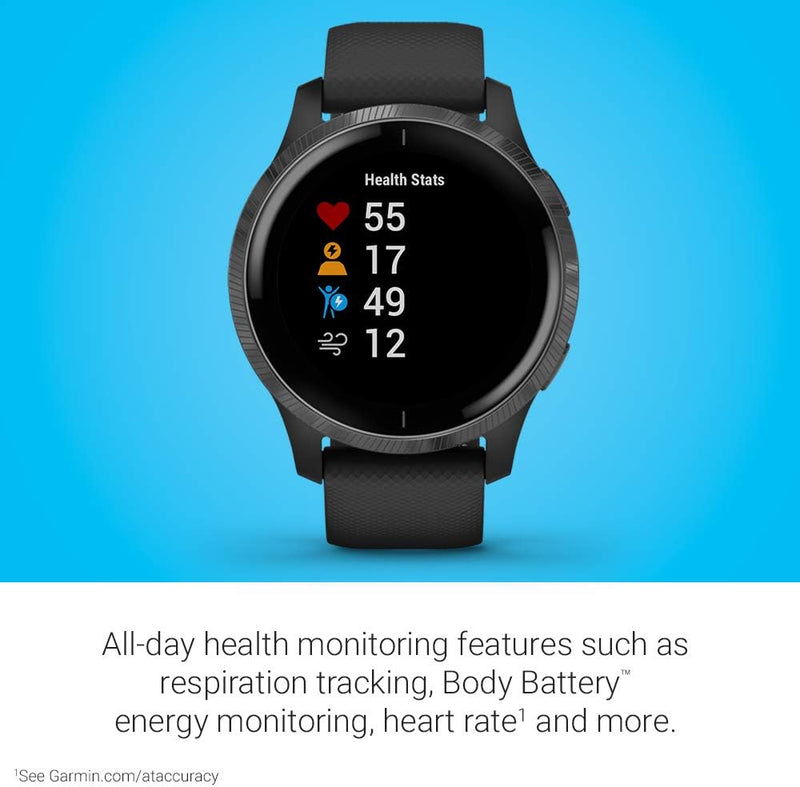 Garmin 010-02173-11 Venu, montre connectée GPS avec écran tactile lumineux, fonctions musicales, surveillance de l'énergie corporelle, entraînements animés, capteur d'oxymètre de pouls et plus encore, Amoled 