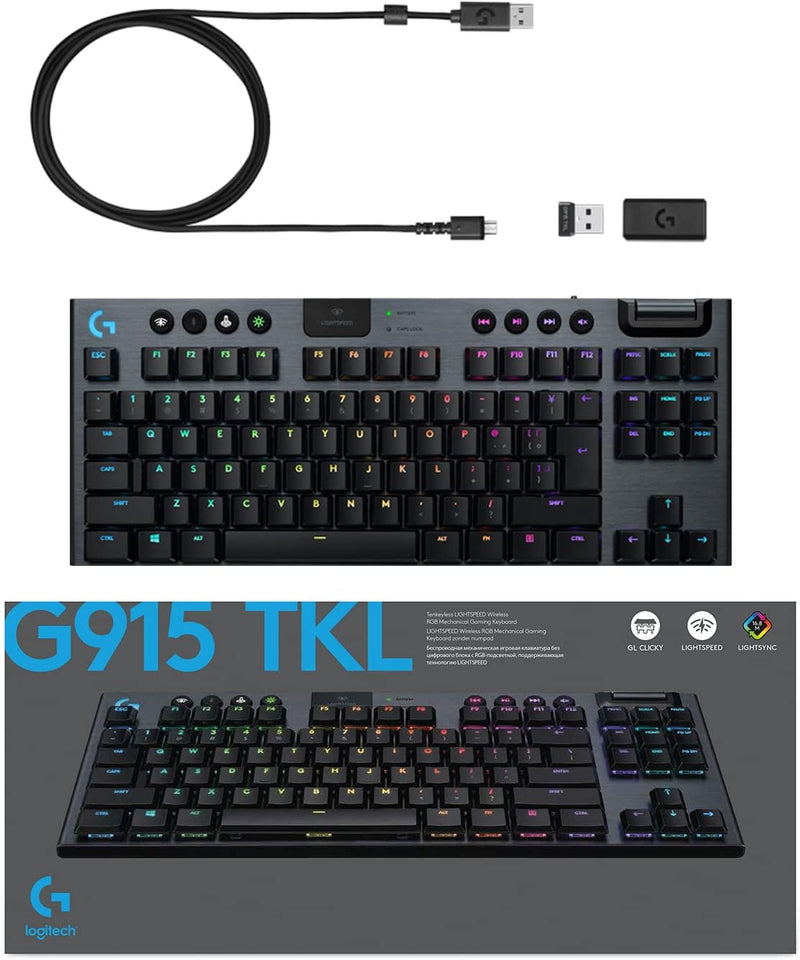 Clavier de jeu mécanique tactile rétroéclairé sans fil Logitech G915 TKL LIGHTSPEED - Carbone