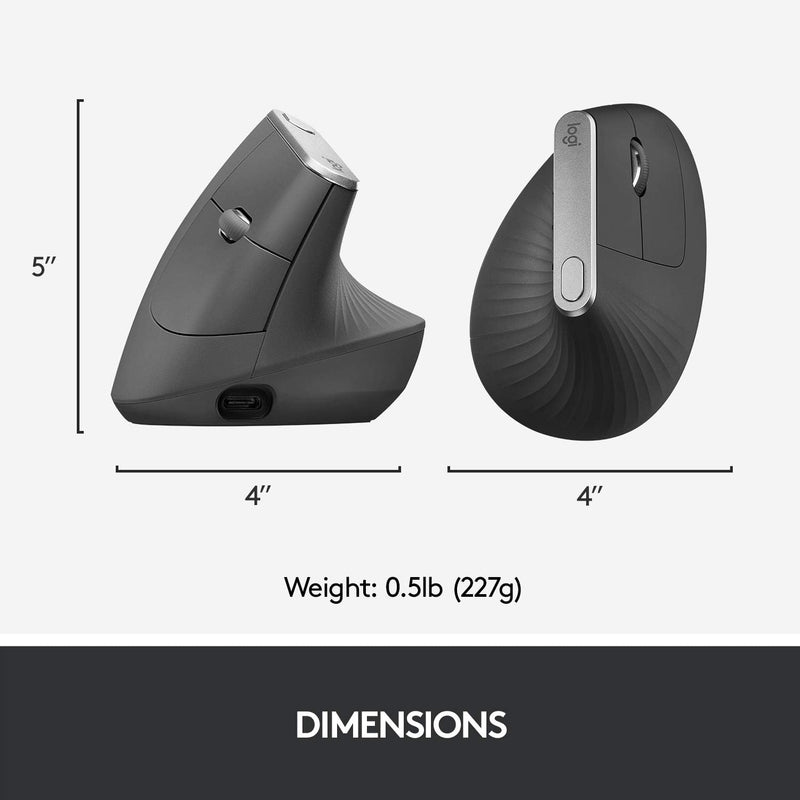 Logitech MX Vertical Wireless Mouse – Advanced Ergonomic Design Reduces Muscle Strain, Control and Move Content Between 3 Windows and Apple Computers (Bluetooth or USB), Rechargeable, Graphite - OPEN BOX