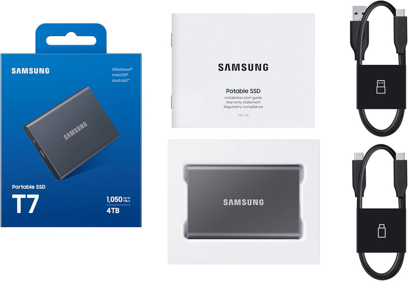 SAMSUNG T7 2 To, SSD portable, gris, jusqu'à 1050 Mo/s, USB 3.2 Gen2, jeux, étudiants et professionnels, disque SSD externe (MU-PC2T0T/AM), gris