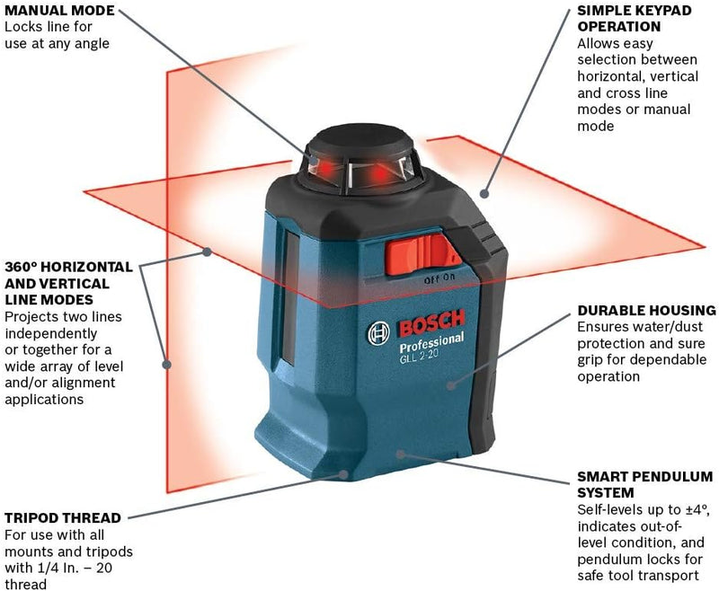 Bosch GLL2-20 65ft Self-Leveling 360 Degree Horizontal Cross Line Laser Level with Mount and Carrying Pouch (Open Box)