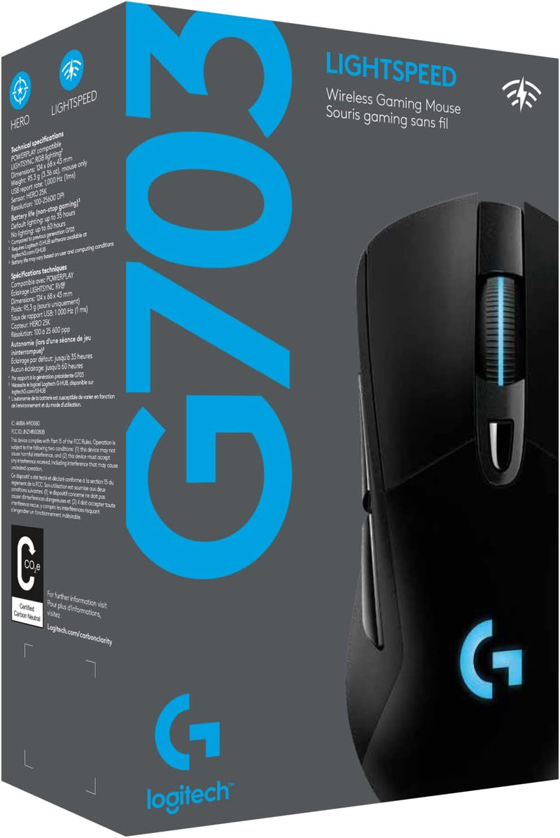 Logitech G703 LIGHTSPEED Wireless Gaming Mouse W/ Hero 25K Sensor, PowerPlay Compatible, Lightsync RGB, Lightweight 95G+10G optional, 100-25, 600 DPI, Rubber Side Grips - OPEN BOX