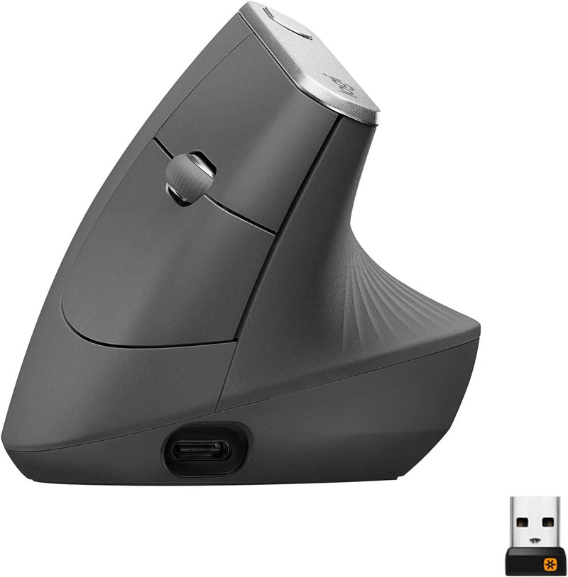 Logitech MX Vertical Wireless Mouse – Advanced Ergonomic Design Reduces Muscle Strain, Control and Move Content Between 3 Windows and Apple Computers (Bluetooth or USB), Rechargeable, Graphite - OPEN BOX