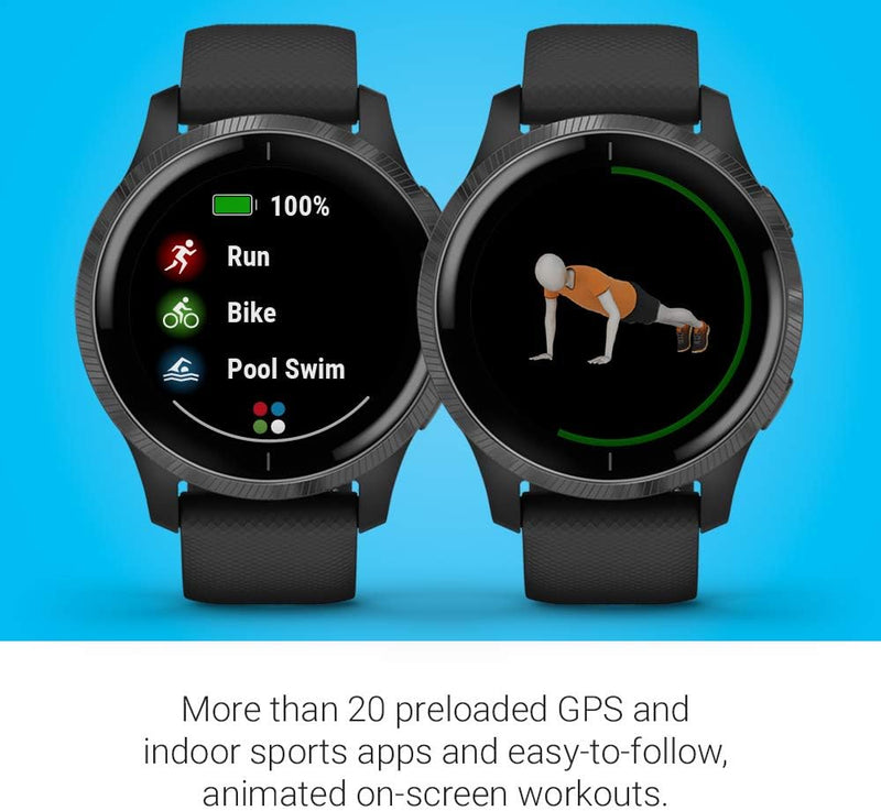 Garmin 010-02173-11 Venu, montre connectée GPS avec écran tactile lumineux, fonctions musicales, surveillance de l'énergie corporelle, entraînements animés, capteur d'oxymètre de pouls et plus encore, Amoled 
