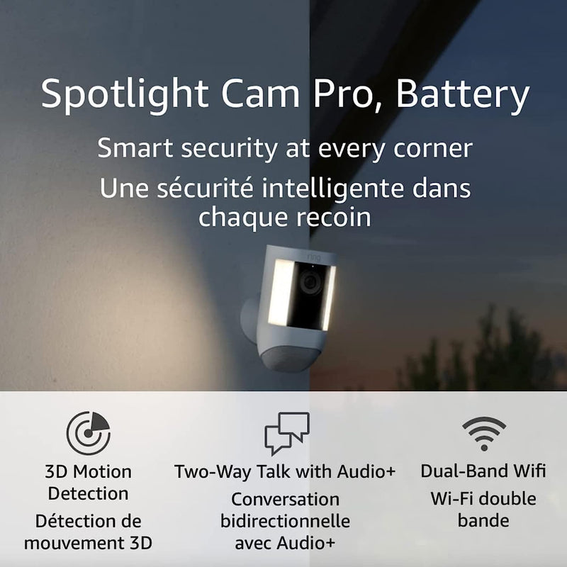 Ring Spotlight Cam Pro, batterie | Détection de mouvement 3D, conversation bidirectionnelle avec audio+ et Wi-Fi double bande (version 2022) - Blanc