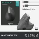 Souris verticale sans fil Logitech MX – Conception ergonomique avancée réduisant la tension musculaire, contrôle et déplace le contenu entre 3 ordinateurs Windows et Apple (Bluetooth ou USB), rechargeable, graphite - BOÎTE OUVERTE