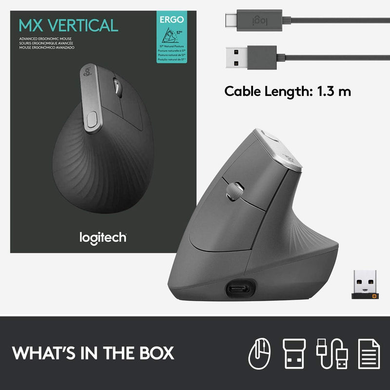 Logitech MX Vertical Wireless Mouse – Advanced Ergonomic Design Reduces Muscle Strain, Control and Move Content Between 3 Windows and Apple Computers (Bluetooth or USB), Rechargeable, Graphite - OPEN BOX