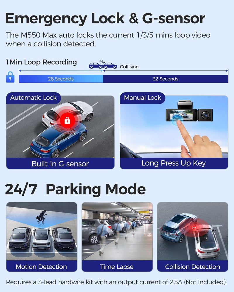 AZDOME M550 Max 4K 3 Channel Dash Cam,STARVIS Sensors, Built-in WiFi GPS, 64GB Card Included, IR Night Vision, WDR, 24H Parking Mode