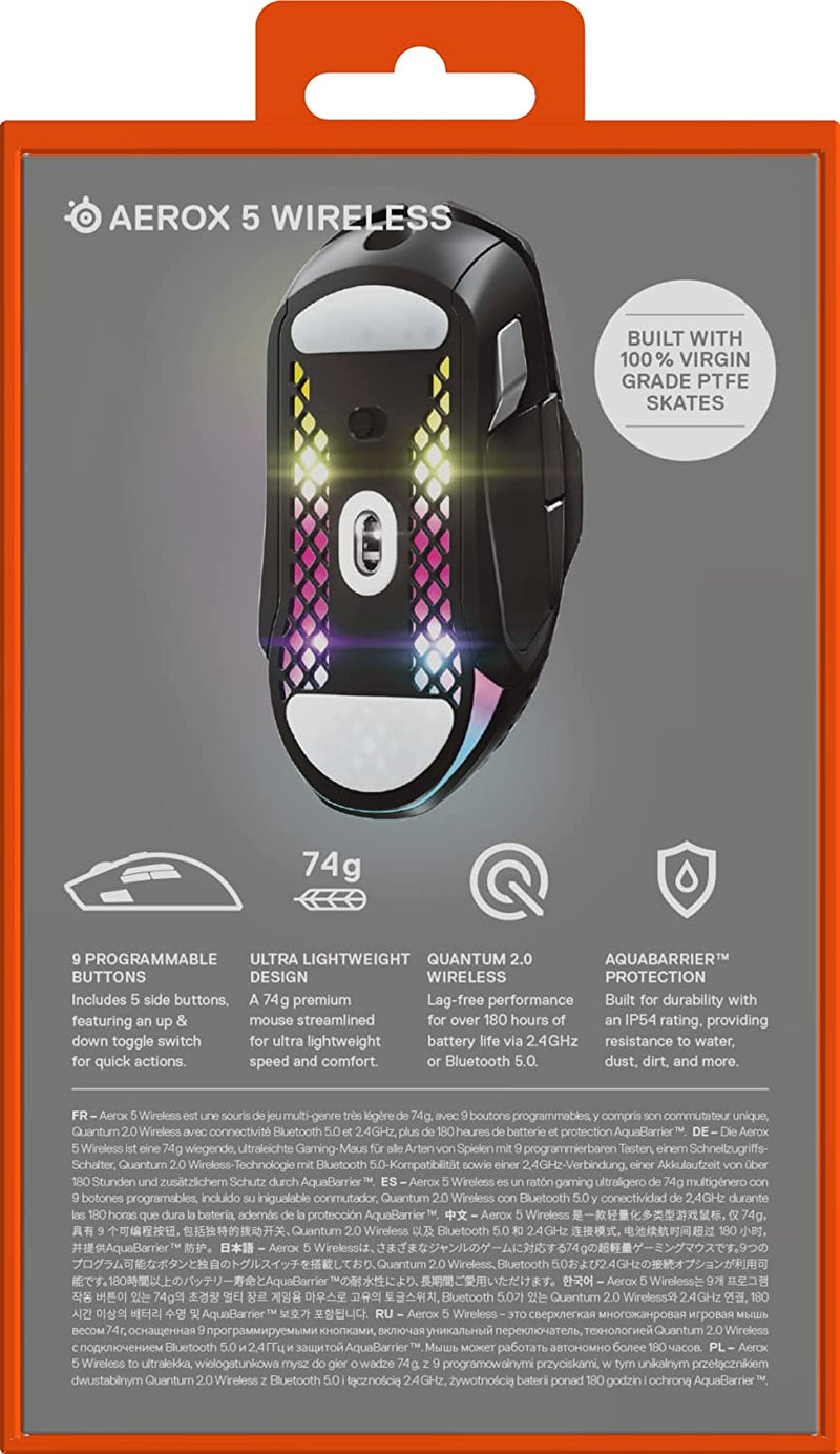SteelSeries Aerox 5 Wireless - Lightweight Wireless Gaming Mouse - 18000 CPI -- TrueMove Air Optical Sensor - Ultra-Lightweight Water Resistant Design