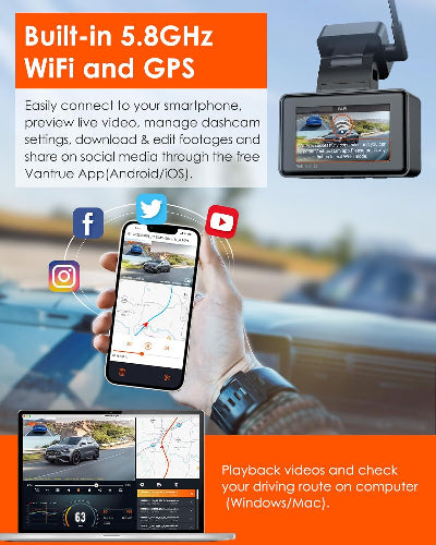 Vantrue Element 2 - 2.7K Dual Channel WiFi Front and Rear Dash Camera