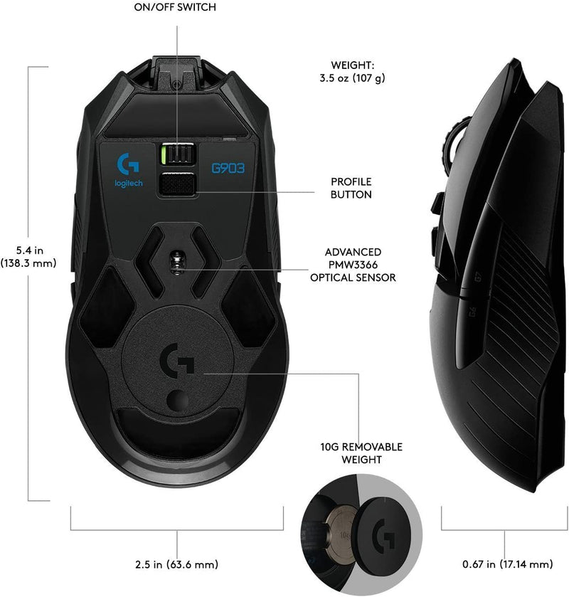 Logitech G903 LIGHTSPEED Wireless RGB Gaming Mouse - Max 12000 DPI/ Left & Right Hand Design