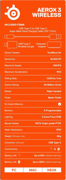 SteelSeries Aerox 3 2022 Edition 18000 DPI Bluetooth Optical Gaming Mouse - Snow