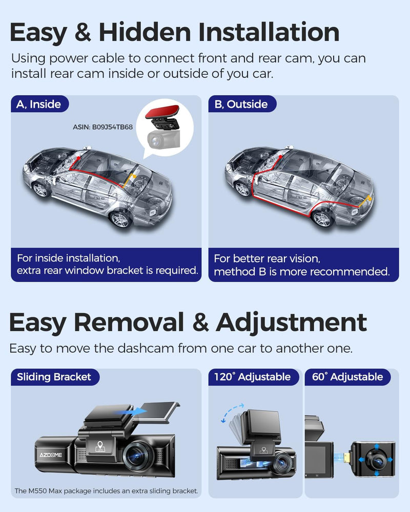 AZDOME M550 Max 4K 3 Channel Dash Cam,STARVIS Sensors, Built-in WiFi GPS, 64GB Card Included, IR Night Vision, WDR, 24H Parking Mode