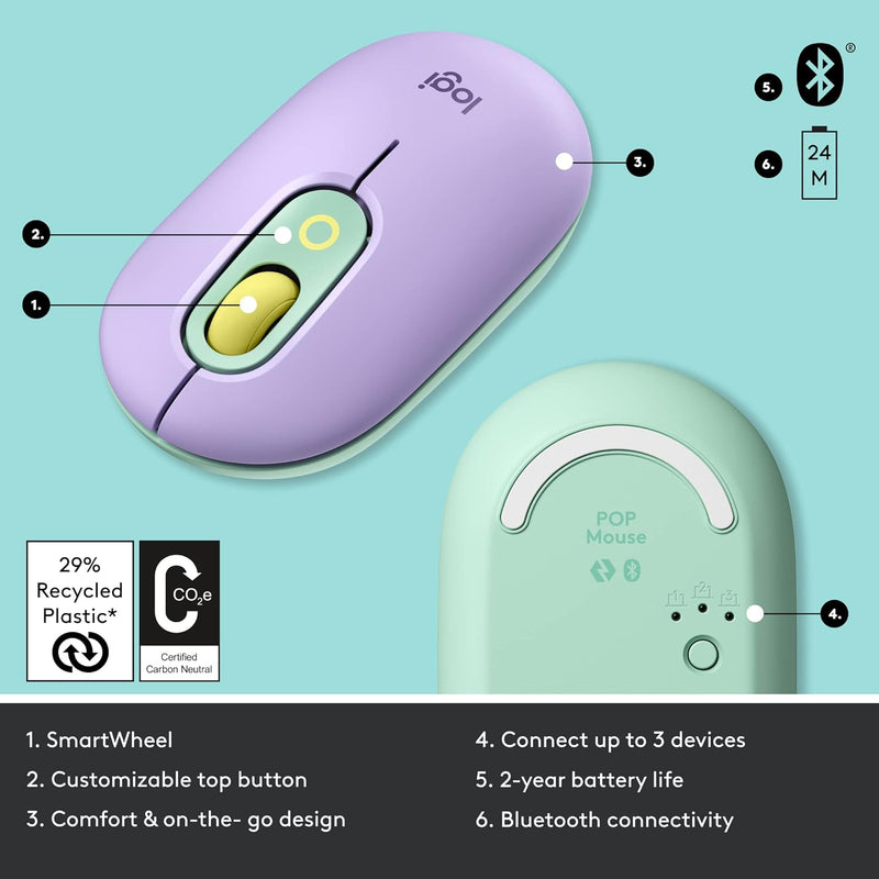 Logitech POP Mouse, Wireless Mouse with Customizable Emojis, SilentTouch Technology, Precision/Speed Scroll, Compact Design, Bluetooth, Multi-Device, OS Compatible - Daydream Mint