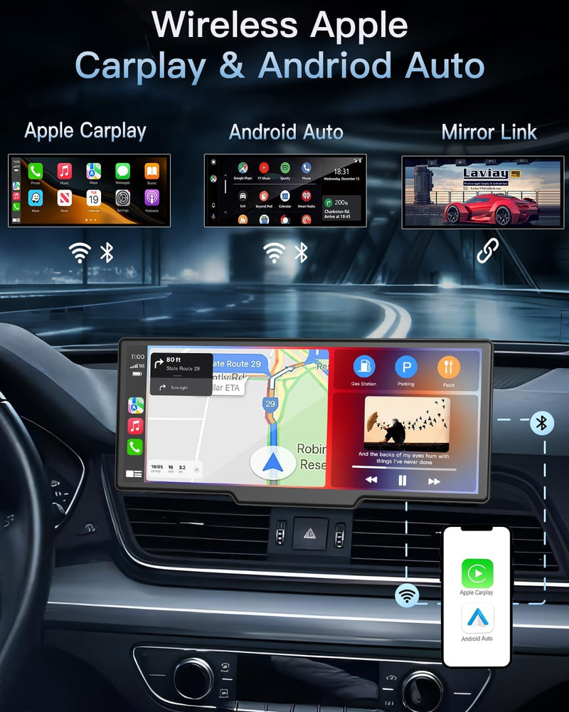 Carplay Car Tablet, 10.26" HD IPS Wireless Carplay and Android Auto Screen with 4K Dash Cam, Bluetooth, GPS Navigation Head Unit, Siri, Mirror Link, Loop Recording, 1080P Backup Camera