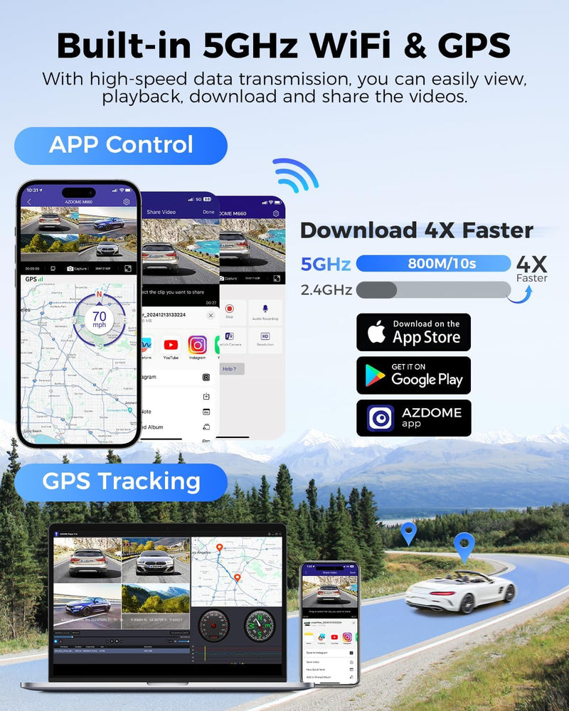AZDOME M660 360° 4 Channel Dash Cam, Built-in 128GB eMMC, 2K+1080P*3 Dashcam Front and Rear Inside Left Right, Voice Control, 5G WiFi Dash Camera for Cars with 4 Adjustable Lenses, IR Night Vision