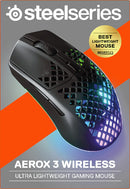 SteelSeries Aerox 3 Wireless - Souris de jeu ultra légère - Capteur optique TrueMove Air 18 000 CPI - Conception ultra-légère 68 g résistante à l'eau - Autonomie de la batterie de 200 heures - Neige 