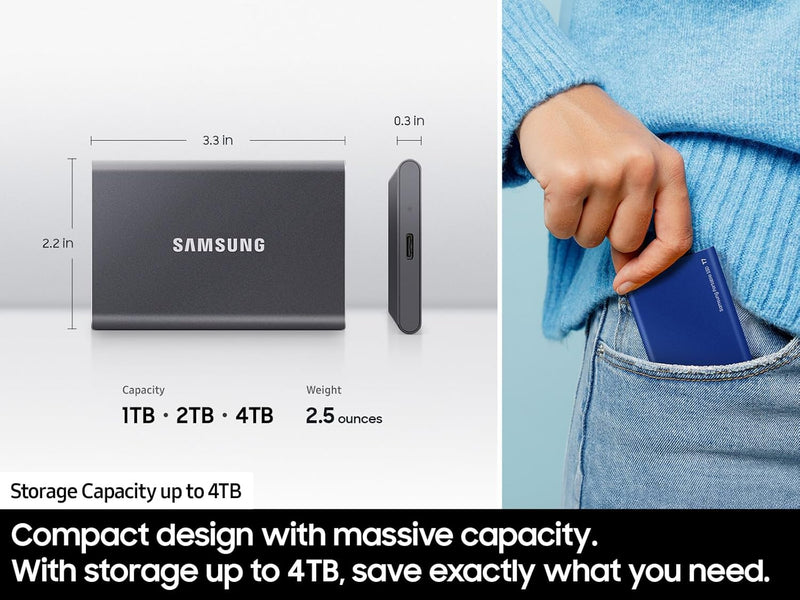 SAMSUNG T7 2 To, SSD portable, gris, jusqu'à 1050 Mo/s, USB 3.2 Gen2, jeux, étudiants et professionnels, disque SSD externe (MU-PC2T0T/AM), gris