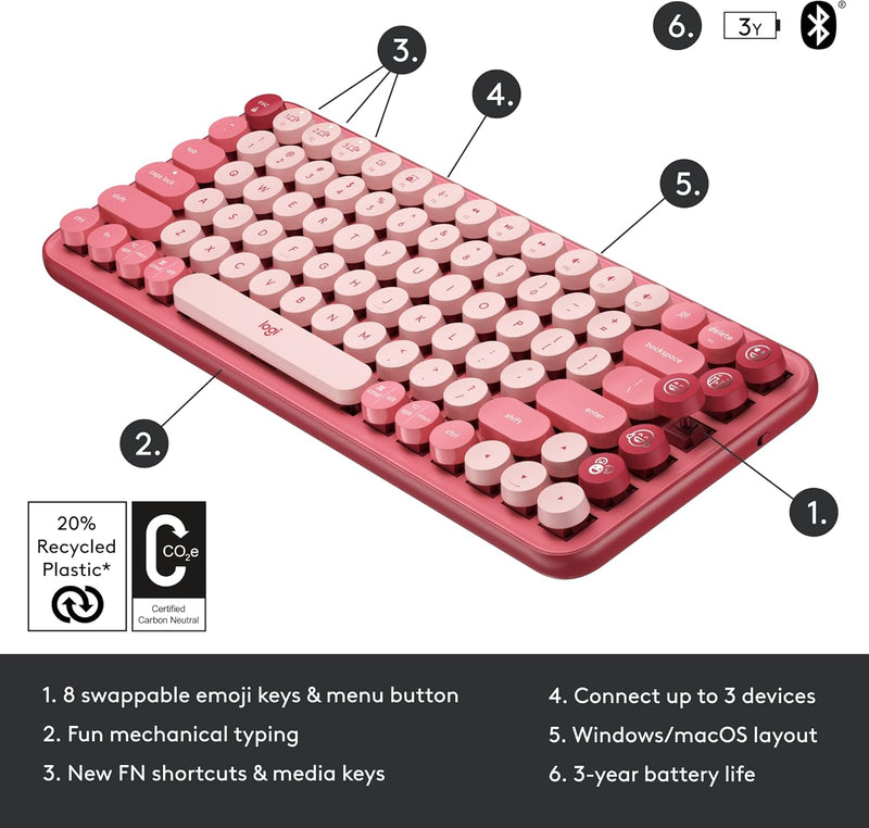 Logitech POP Keys Mechanical Wireless Keyboard with Customizable Emoji Keys, Durable Compact Design, Bluetooth or USB Connectivity, Multi-Device, OS Compatible - Heartbreaker Rose - OPEN BOX