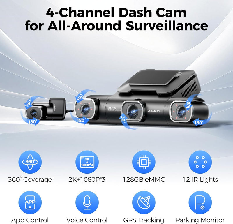AZDOME M660 360° 4 Channel Dash Cam, Built-in 128GB eMMC, 2K+1080P*3 Dashcam Front and Rear Inside Left Right, Voice Control, 5G WiFi Dash Camera for Cars with 4 Adjustable Lenses, IR Night Vision
