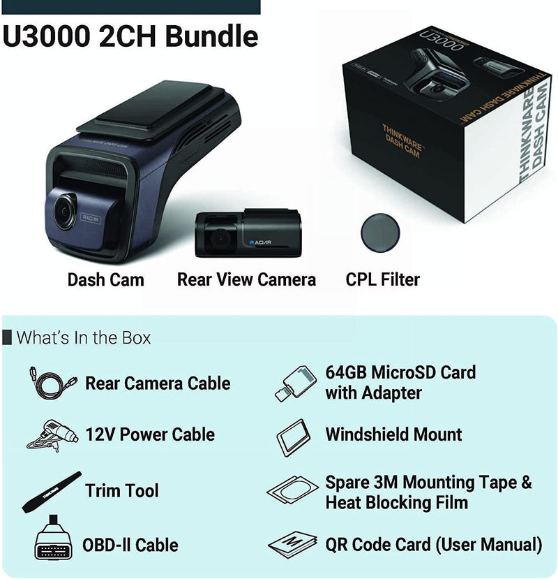 Thinkware U3000 4K UHD Dash Cam with Rear Camera, GPS & Wi-Fi