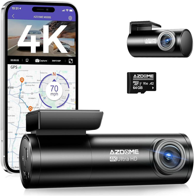 Azdome M300S 4K Dash Cam with WiFi, 170° Dash Cam Front and Rear, Night Vision, G-Sensor, 24H Parking Monitor