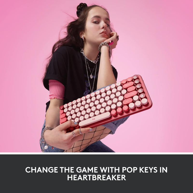 Logitech POP Keys Mechanical Wireless Keyboard with Customizable Emoji Keys, Durable Compact Design, Bluetooth or USB Connectivity, Multi-Device, OS Compatible - Heartbreaker Rose - OPEN BOX