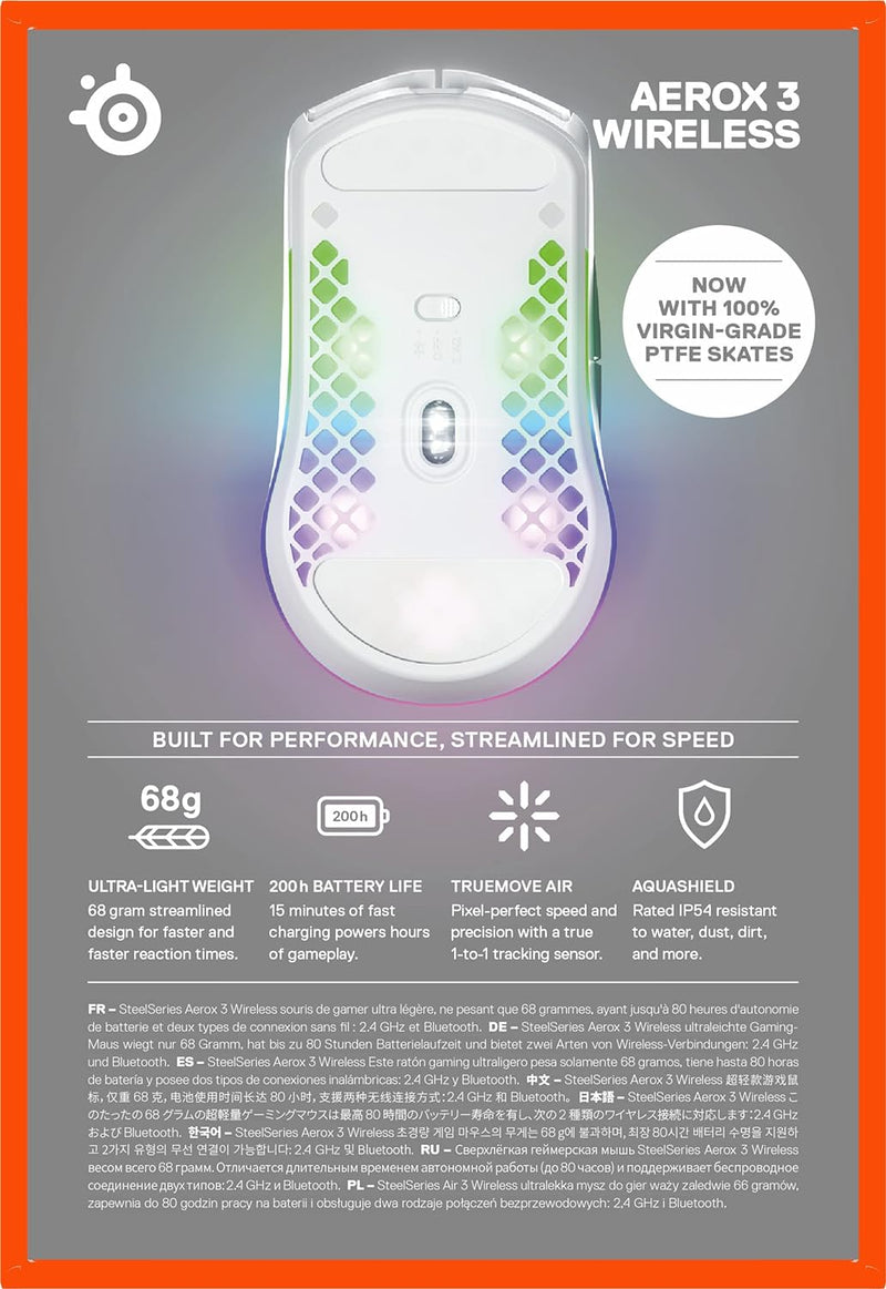 SteelSeries Aerox 3 Wireless - Souris de jeu ultra légère - Capteur optique TrueMove Air 18 000 CPI - Conception ultra-légère 68 g résistante à l'eau - Autonomie de la batterie de 200 heures - Neige 