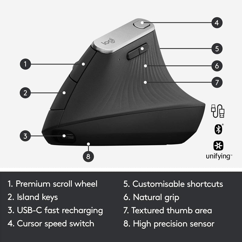 Logitech MX Vertical Wireless Mouse – Advanced Ergonomic Design Reduces Muscle Strain, Control and Move Content Between 3 Windows and Apple Computers (Bluetooth or USB), Rechargeable, Graphite - OPEN BOX