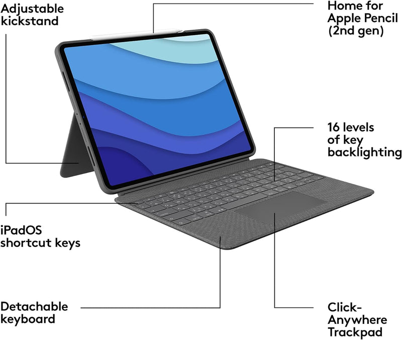 Logitech Combo Touch iPad Pro 12.9-inch (5th, 6th gen - 2021, 2022) Keyboard Case - Detachable Backlit Keyboard with Kickstand, Click-Anywhere Trackpad, Smart Connector - Oxford Gray; USA Layout