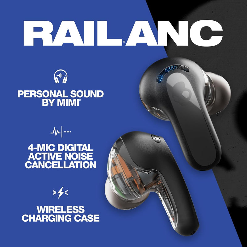 Skullcandy Rail ANC In-Ear Noise cancelling Wireless Earbuds, 27 Hr Battery, Microphone, Works with iPhone Android and Bluetooth Devices - True Black