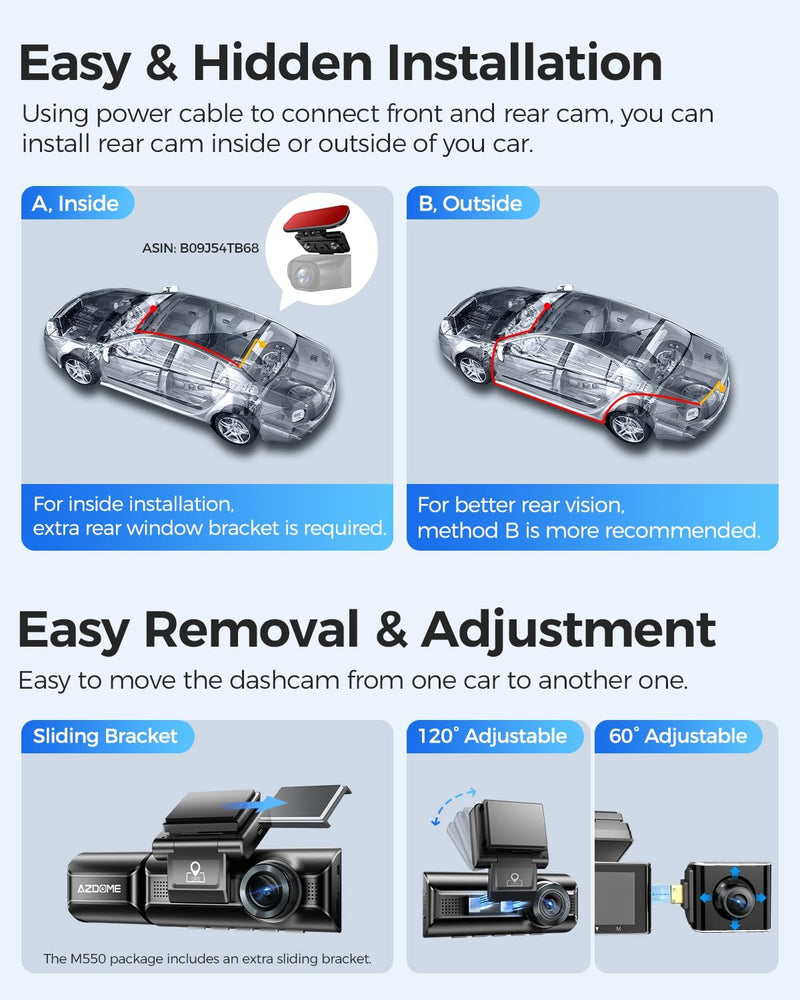 AZDOME M550 Pro 4K 3 Channel Dash Cam, Built-in WiFi GPS, 64GB Card Included, 3.19" IPS Screen, WDR, IR Night Vision, Parking Mode