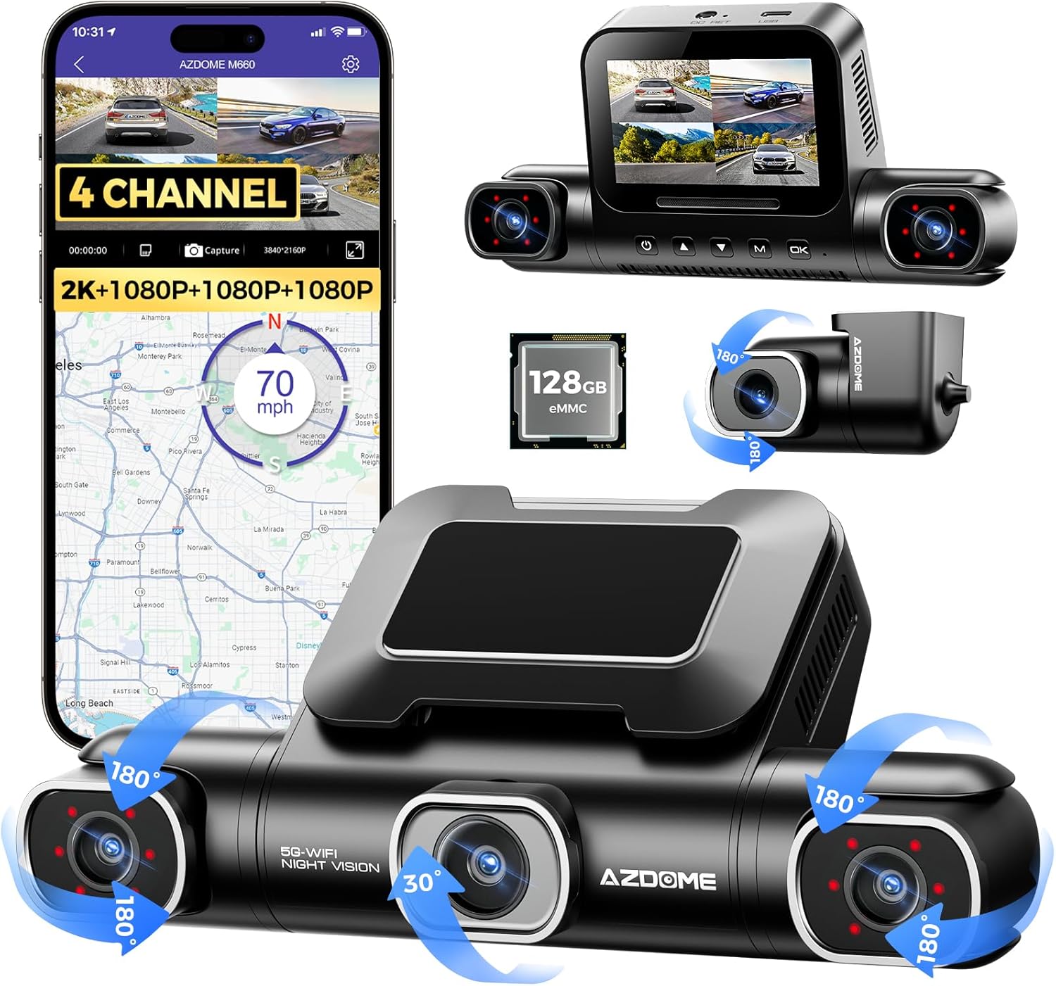 AZDOME M660 360° 4 Channel Dash Cam, Built-in 128GB eMMC, 2K+1080P*3 D