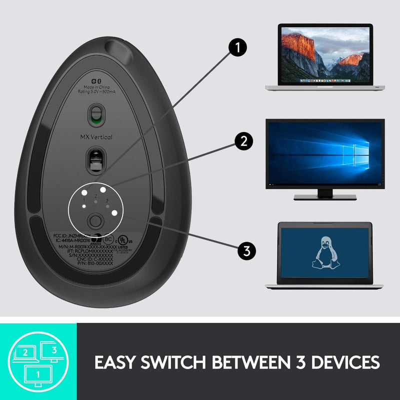 Logitech MX Vertical Wireless Mouse – Advanced Ergonomic Design Reduces Muscle Strain, Control and Move Content Between 3 Windows and Apple Computers (Bluetooth or USB), Rechargeable, Graphite - OPEN BOX