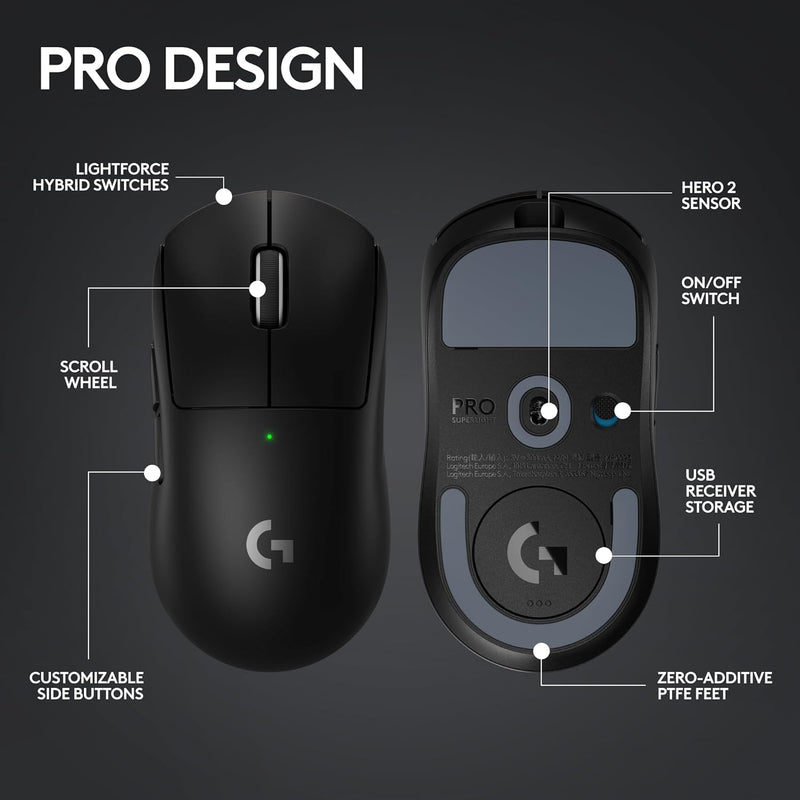 Logitech G PRO X Superlight 2 44000 DPI 8K Polling Wireless HERO 2 Sensor 60g Pro-Grade Mouse - Black