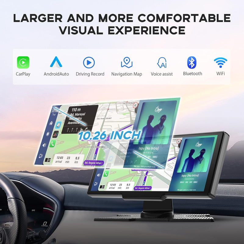 Carplay Car Tablet, 10.26" HD IPS Wireless Carplay and Android Auto Screen with 4K Dash Cam, Bluetooth, GPS Navigation Head Unit, Siri, Mirror Link, Loop Recording, 1080P Backup Camera