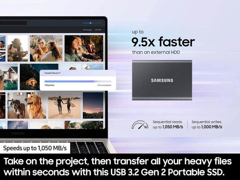 SAMSUNG T7 2 To, SSD portable, gris, jusqu'à 1050 Mo/s, USB 3.2 Gen2, jeux, étudiants et professionnels, disque SSD externe (MU-PC2T0T/AM), gris