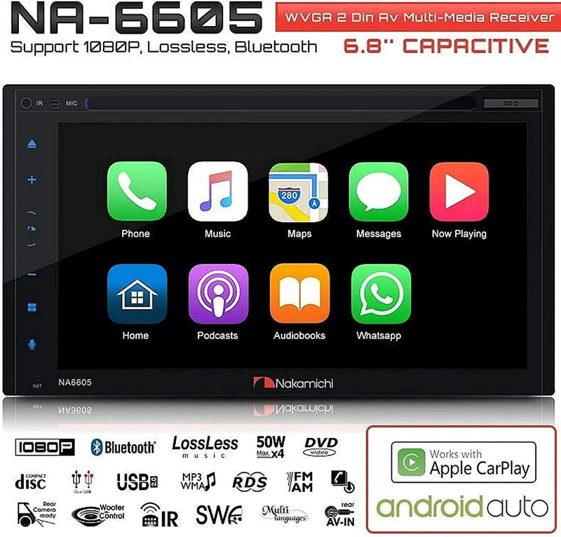 Nakamichi NA6605 2-DIN Bluetooth Receiver w/ 6.8" Touchscreen Apple CarPlay, Android Auto