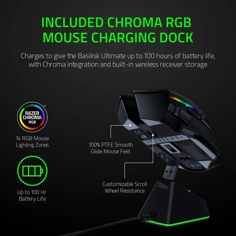 Razer Basilisk Ultimate Hyperspeed Wireless Gaming Mouse W/Charging Dock: Fastest Gaming Mouse Switch - 20k Dpi Optical Sensor - Chroma RGB - 11 Programmable Buttons - 100 Hr Battery - Classic Black